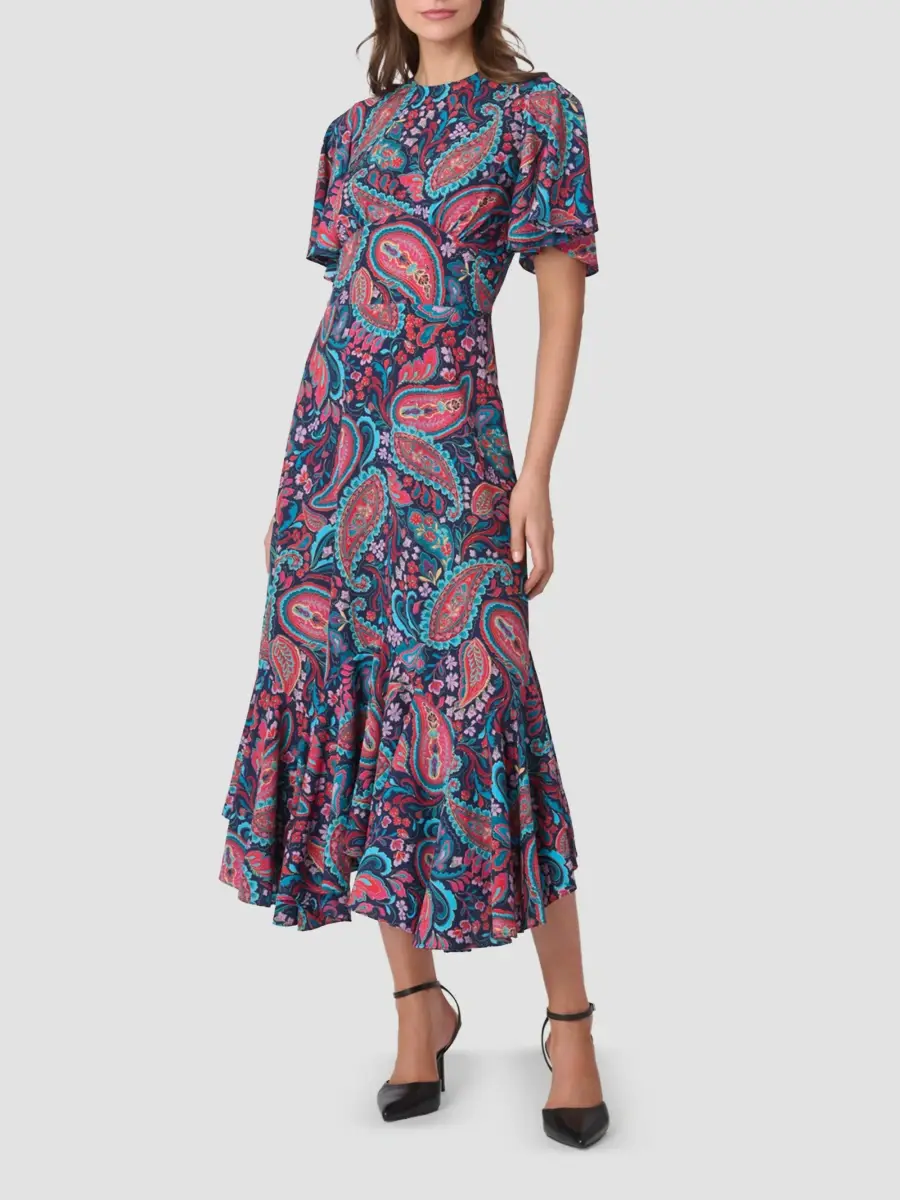 Shoshanna Women's Mallie Paisley Fluted-Hem Midi Dress | Thumbnail 2 Shoshanna Women's Mallie Paisley Fluted-Hem Midi Dress | Thumbnail 2