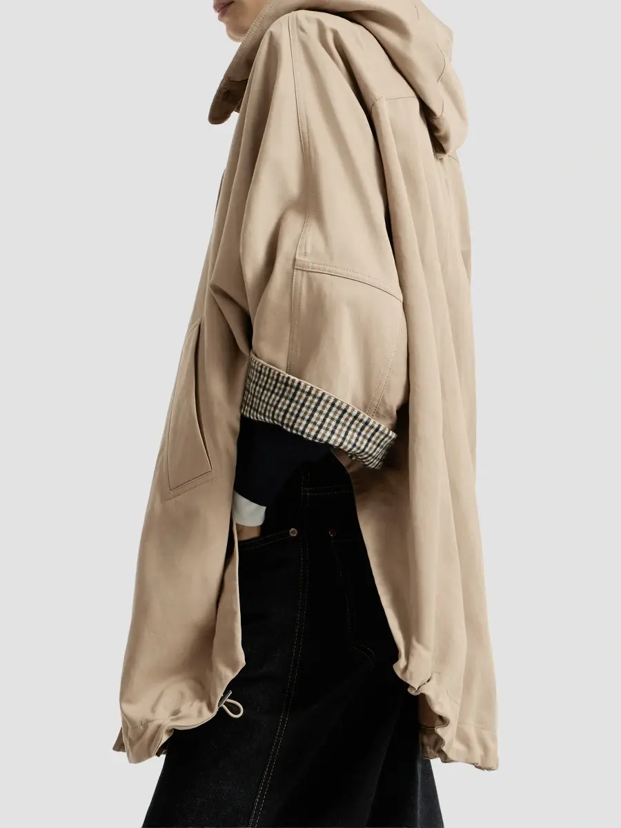 Brunello Cucinelli Women's Cotton and Linen Twill Hooded Outerwear Jacket with Monili - Camel | Thumbnail 3
