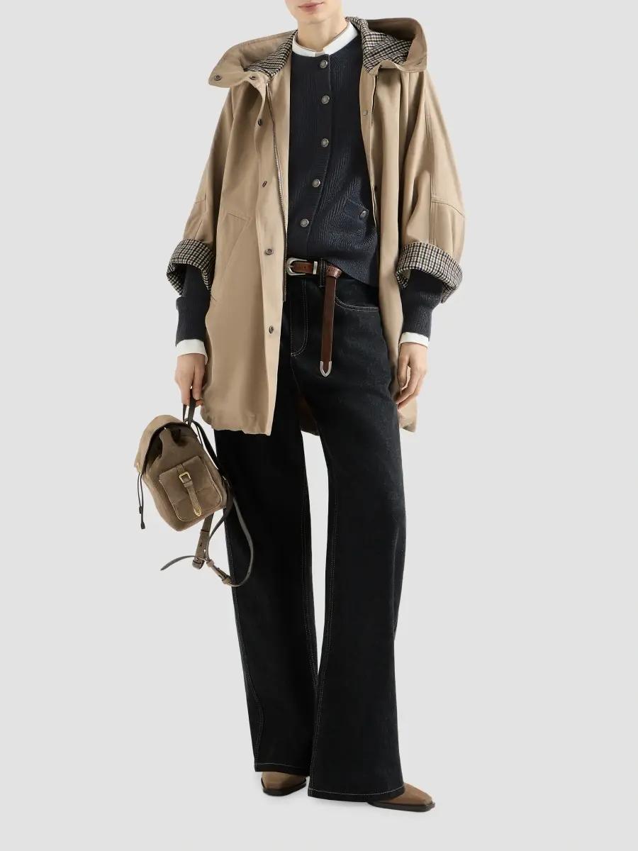Brunello Cucinelli Women's Cotton and Linen Twill Hooded Outerwear Jacket with Monili - Camel | Thumbnail 6