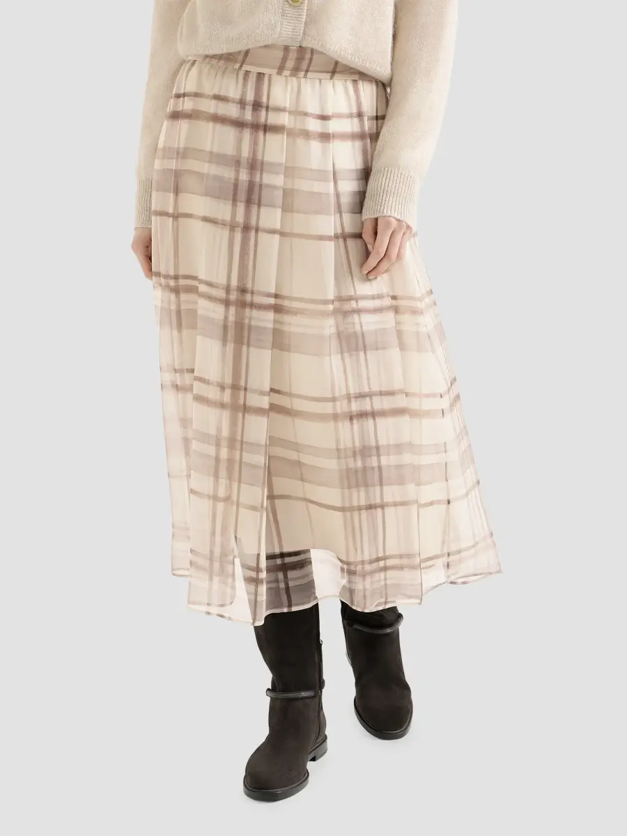 Brunello Cucinelli Women's Silk Organza Pleated Skirt in Macrocheck Print - Beige | Thumbnail 2 Brunello Cucinelli Women's Silk Organza Pleated Skirt in Macrocheck Print - Beige | Thumbnail 2