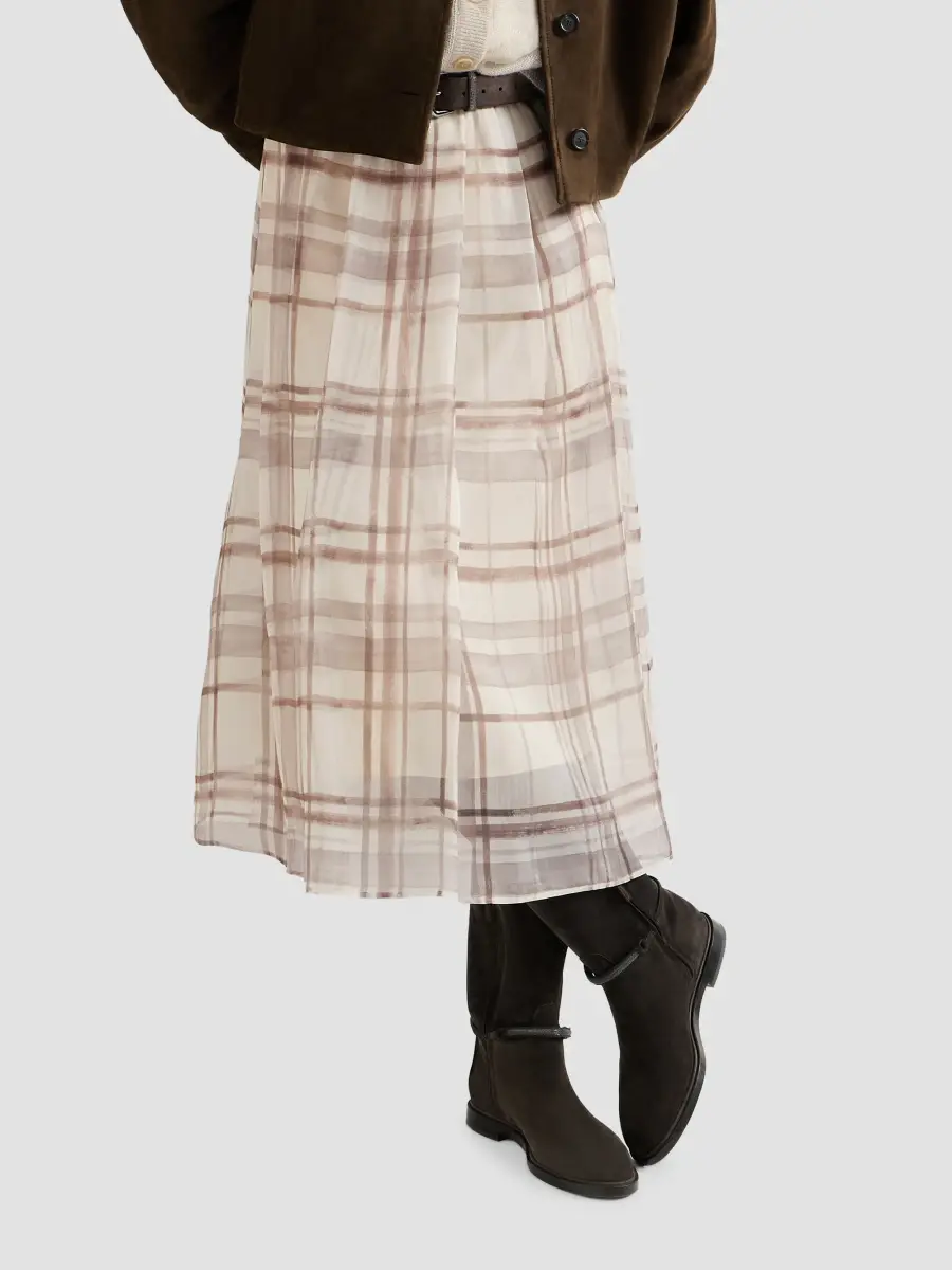 Brunello Cucinelli Women's Silk Organza Pleated Skirt in Macrocheck Print - Beige | Thumbnail 4 Brunello Cucinelli Women's Silk Organza Pleated Skirt in Macrocheck Print - Beige | Thumbnail 4