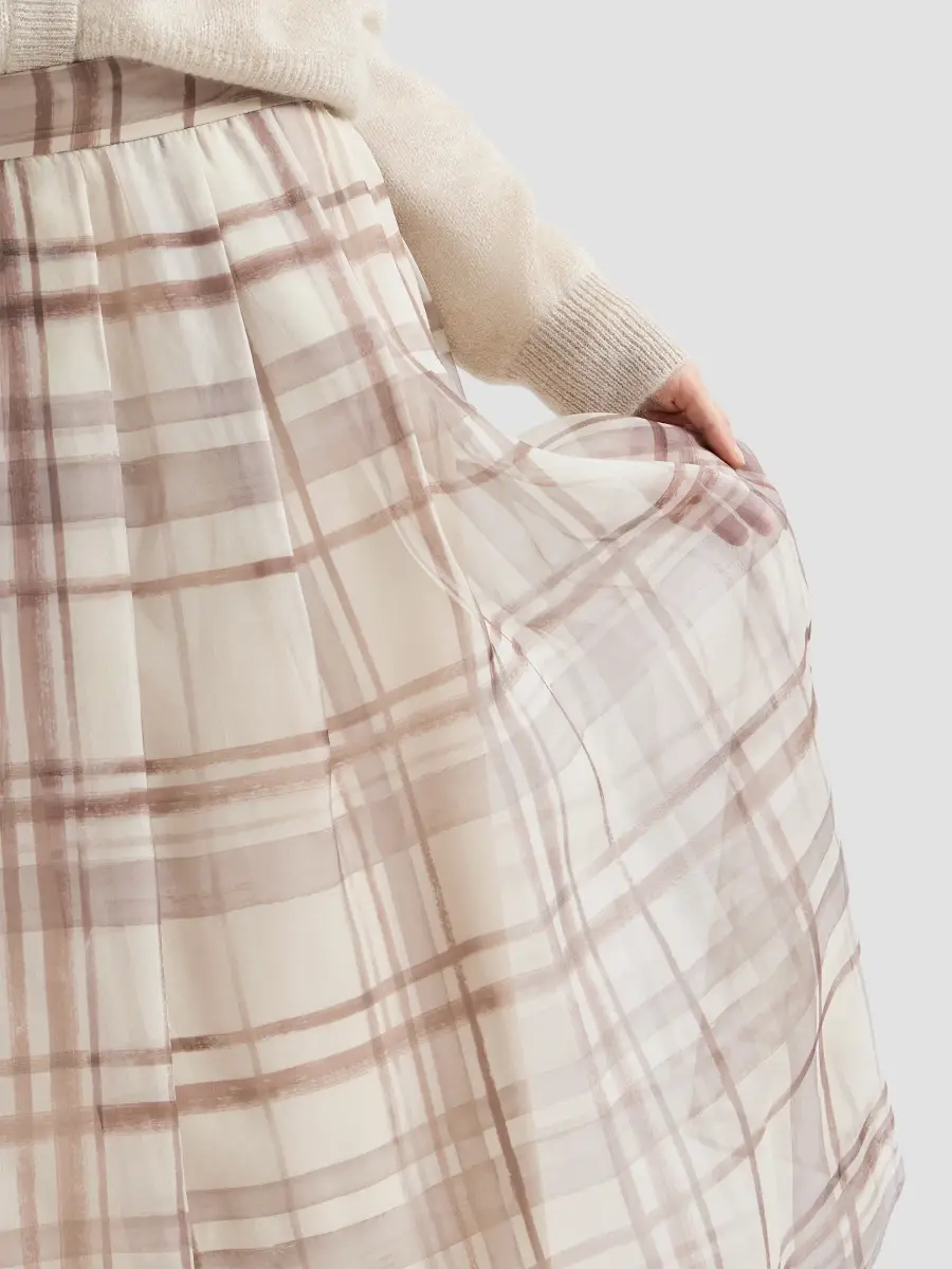 Brunello Cucinelli Women's Silk Organza Pleated Skirt in Macrocheck Print - Beige | Thumbnail 5 Brunello Cucinelli Women's Silk Organza Pleated Skirt in Macrocheck Print - Beige | Thumbnail 5