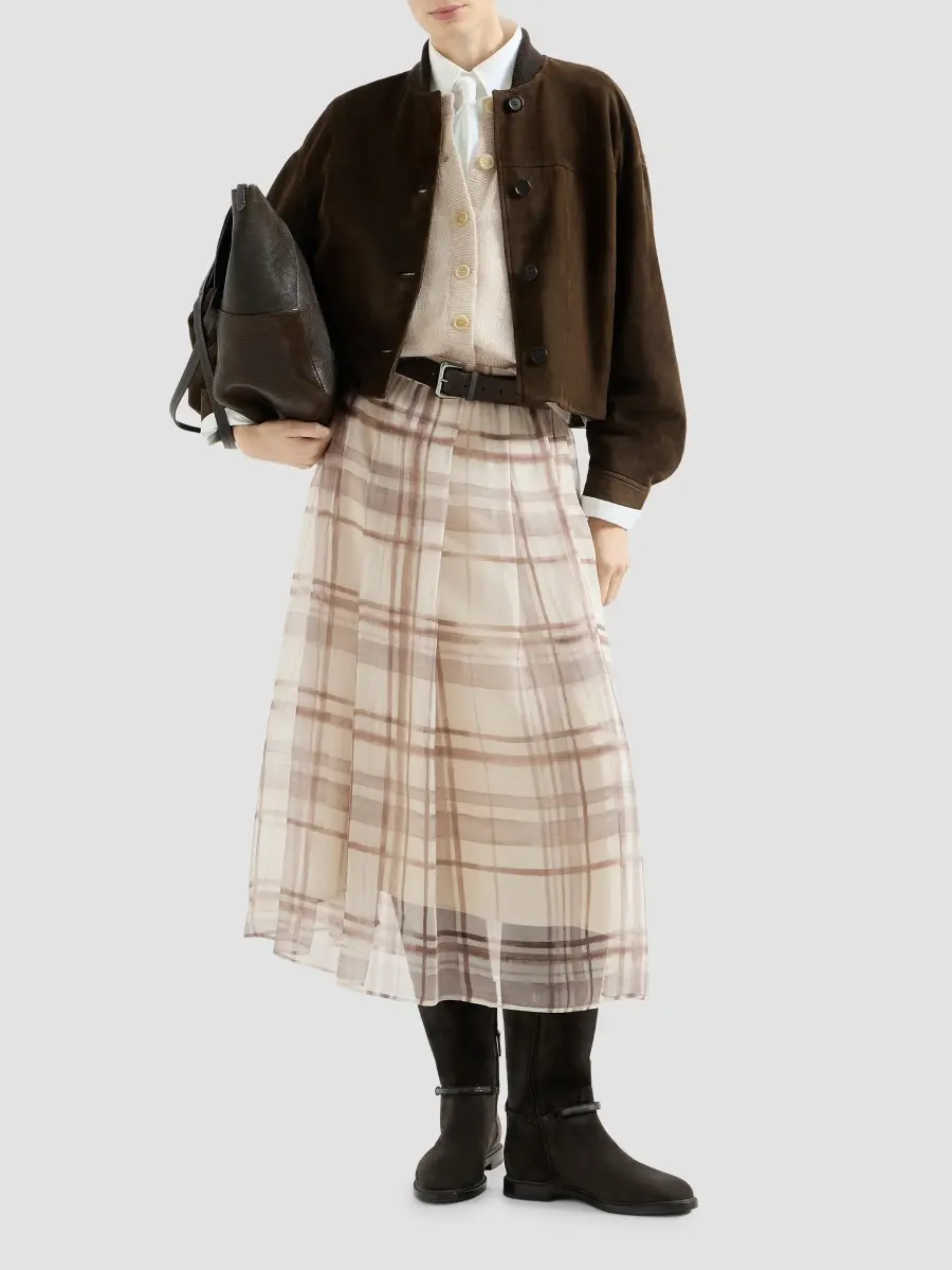Brunello Cucinelli Women's Silk Organza Pleated Skirt in Macrocheck Print - Beige | Thumbnail 6 Brunello Cucinelli Women's Silk Organza Pleated Skirt in Macrocheck Print - Beige | Thumbnail 6
