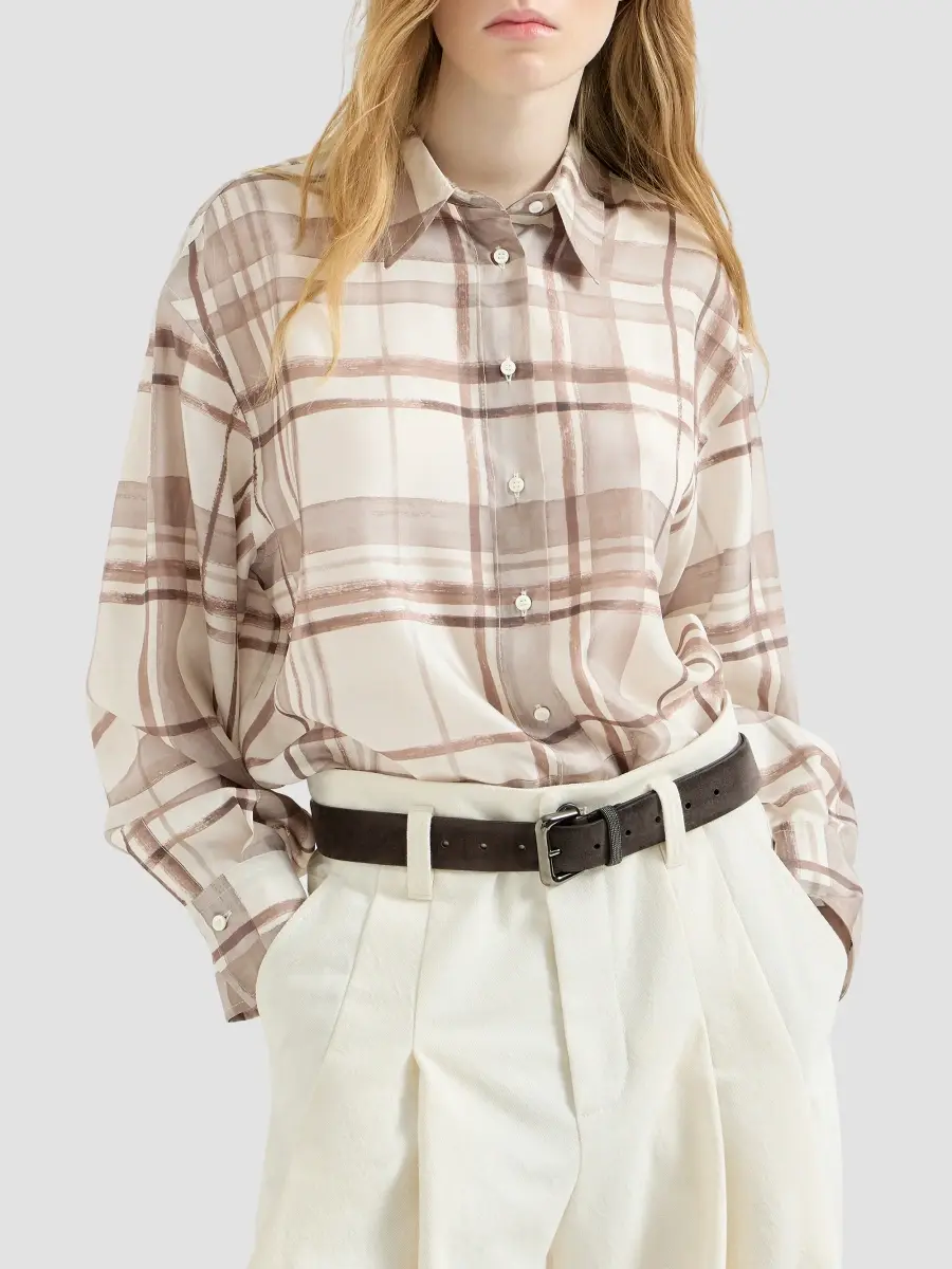 Brunello Cucinelli Women's Silk Pongée Shirt in Macrocheck Print - Panama | Thumbnail 2 Brunello Cucinelli Women's Silk Pongée Shirt in Macrocheck Print - Panama | Thumbnail 2