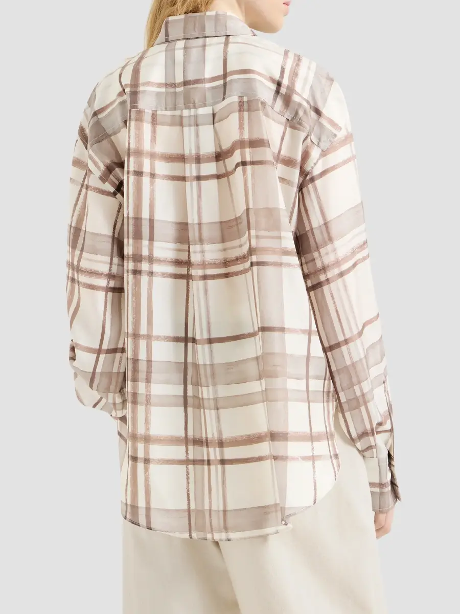 Brunello Cucinelli Women's Silk Pongée Shirt in Macrocheck Print - Panama | Thumbnail 3 Brunello Cucinelli Women's Silk Pongée Shirt in Macrocheck Print - Panama | Thumbnail 3