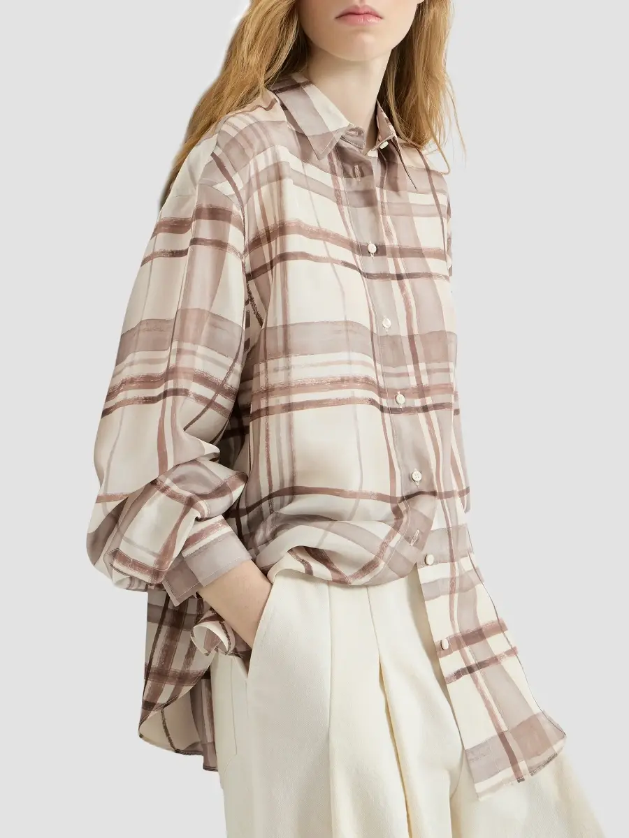 Brunello Cucinelli Women's Silk Pongée Shirt in Macrocheck Print - Panama | Thumbnail 4 Brunello Cucinelli Women's Silk Pongée Shirt in Macrocheck Print - Panama | Thumbnail 4