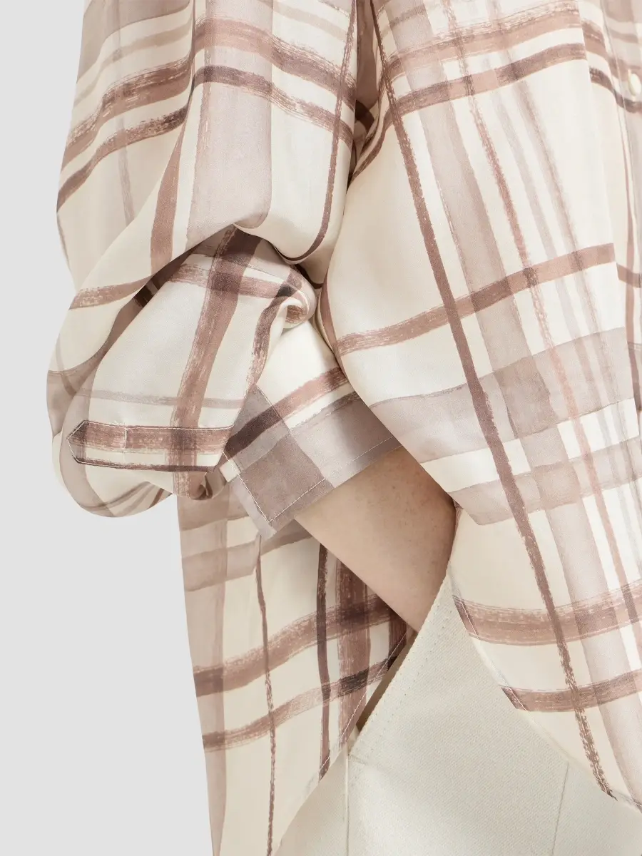 Brunello Cucinelli Women's Silk Pongée Shirt in Macrocheck Print - Panama | Thumbnail 5 Brunello Cucinelli Women's Silk Pongée Shirt in Macrocheck Print - Panama | Thumbnail 5