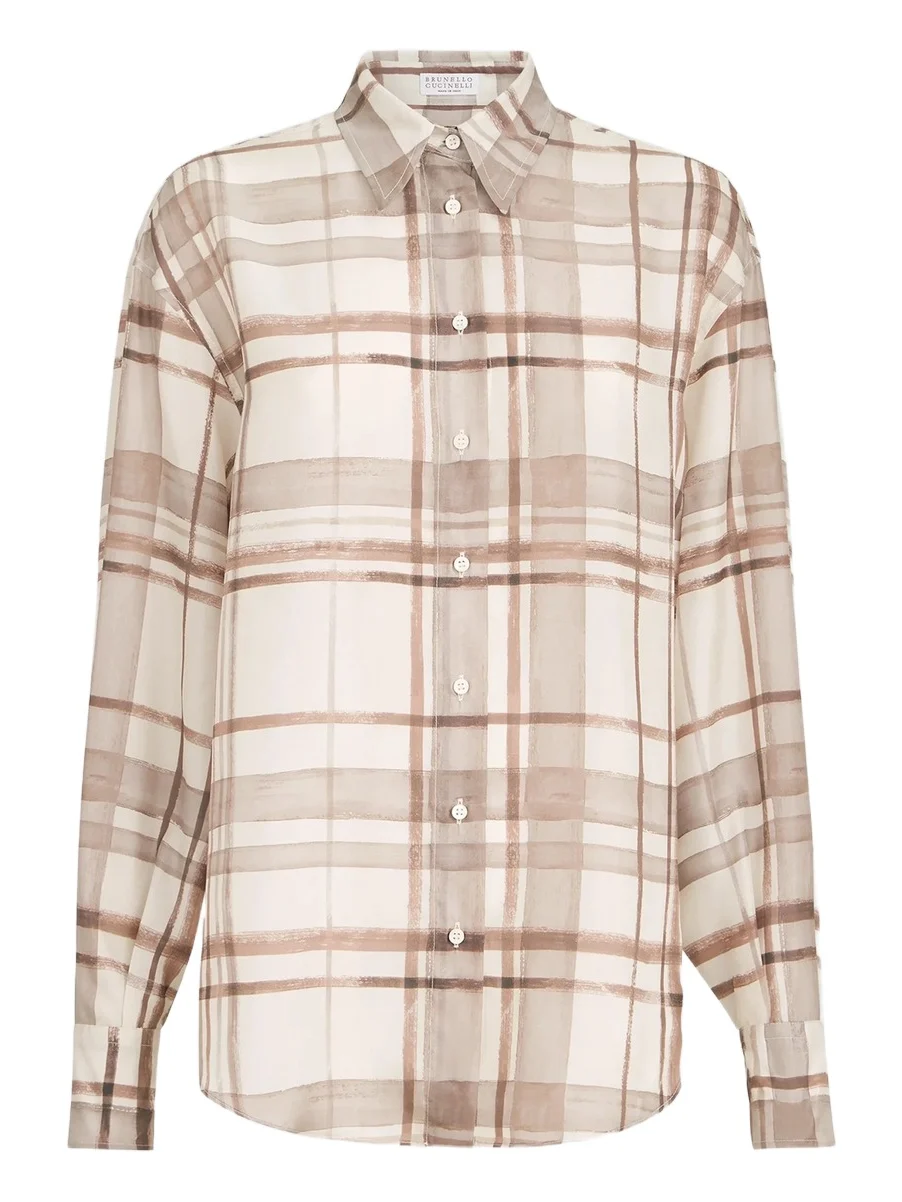 Women's Silk Pongée Shirt in Macrocheck Print - Panama Women's Silk Pongée Shirt in Macrocheck Print - Panama