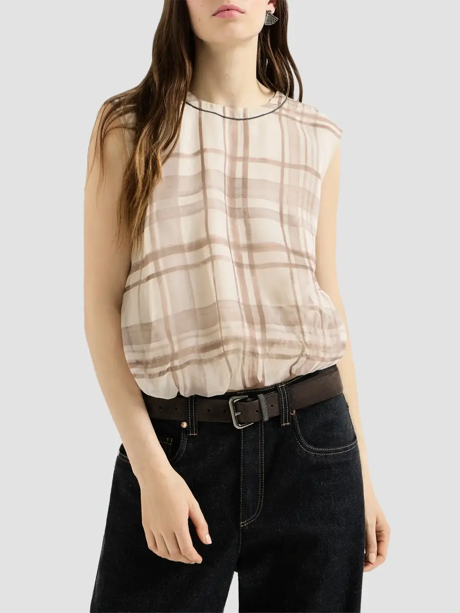 Brunello Cucinelli Women's Silk Organza T-Shirt in Macro Check Print with Shiny Neck Detail | Thumbnail 2 Brunello Cucinelli Women's Silk Organza T-Shirt in Macro Check Print with Shiny Neck Detail | Thumbnail 2