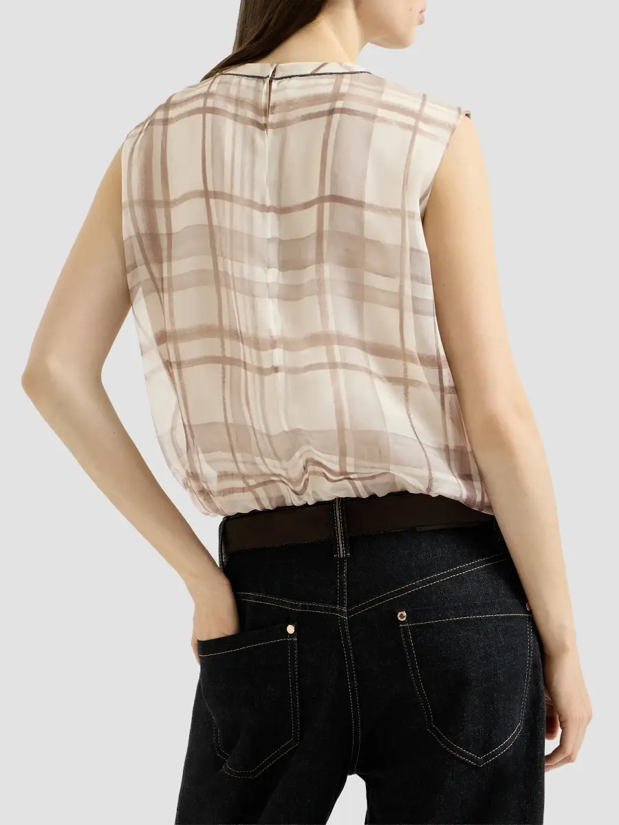 Brunello Cucinelli Women's Silk Organza T-Shirt in Macro Check Print with Shiny Neck Detail | Thumbnail 3 Brunello Cucinelli Women's Silk Organza T-Shirt in Macro Check Print with Shiny Neck Detail | Thumbnail 3
