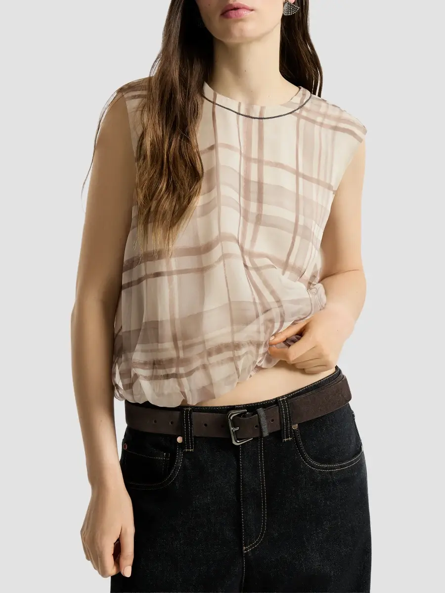 Brunello Cucinelli Women's Silk Organza T-Shirt in Macro Check Print with Shiny Neck Detail | Thumbnail 4 Brunello Cucinelli Women's Silk Organza T-Shirt in Macro Check Print with Shiny Neck Detail | Thumbnail 4