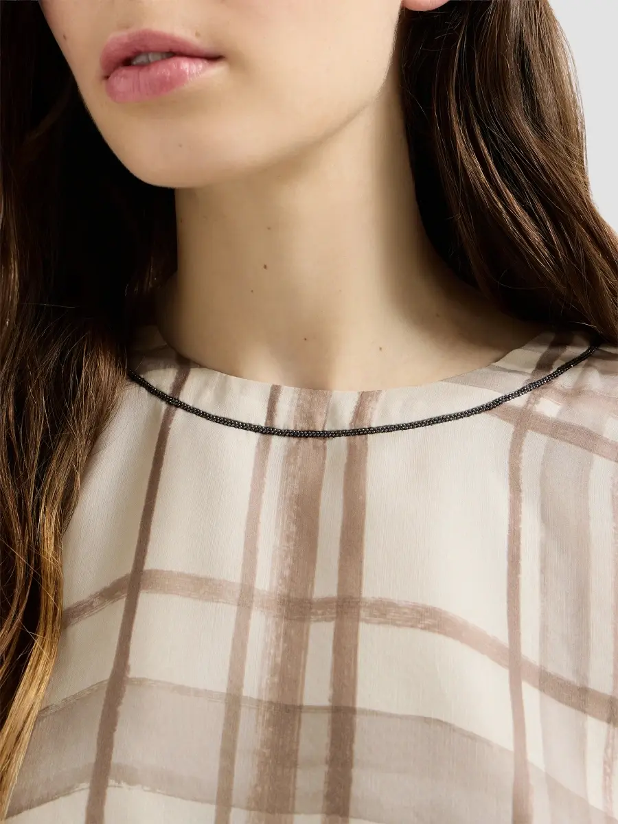 Brunello Cucinelli Women's Silk Organza T-Shirt in Macro Check Print with Shiny Neck Detail | Thumbnail 5 Brunello Cucinelli Women's Silk Organza T-Shirt in Macro Check Print with Shiny Neck Detail | Thumbnail 5