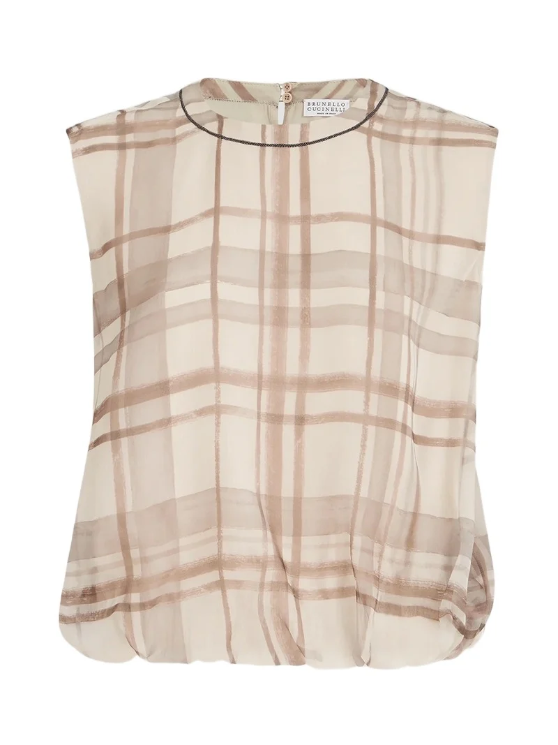 Women's Silk Organza T-Shirt in Macro Check Print with Shiny Neck Detail Women's Silk Organza T-Shirt in Macro Check Print with Shiny Neck Detail