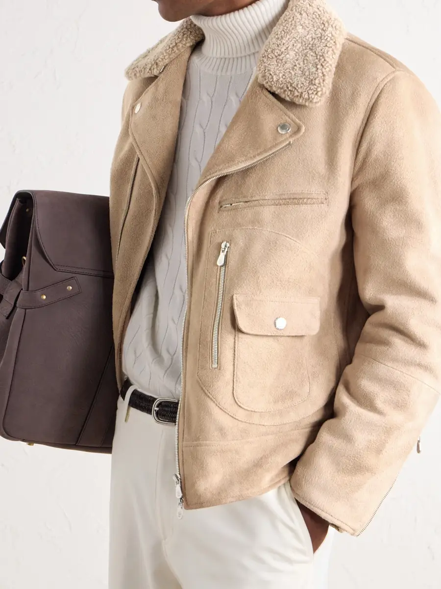Brunello Cucinelli Shearling-Trimmed Suede Leather Biker Jacket - Men | Thumbnail 6 Brunello Cucinelli Shearling-Trimmed Suede Leather Biker Jacket - Men | Thumbnail 6