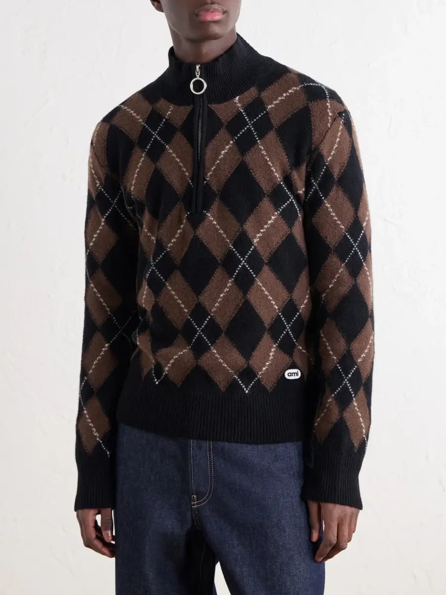 AMI PARIS Logo-Appliquéd Argyle Virgin Wool Half-Zip Sweater - Men | Thumbnail 3 AMI PARIS Logo-Appliquéd Argyle Virgin Wool Half-Zip Sweater - Men | Thumbnail 3