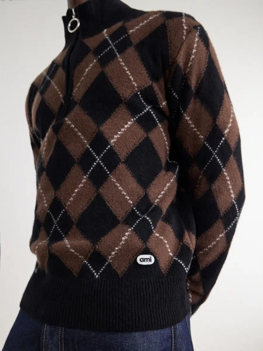 AMI PARIS Logo-Appliquéd Argyle Virgin Wool Half-Zip Sweater - Men | Thumbnail 5 AMI PARIS Logo-Appliquéd Argyle Virgin Wool Half-Zip Sweater - Men | Thumbnail 5