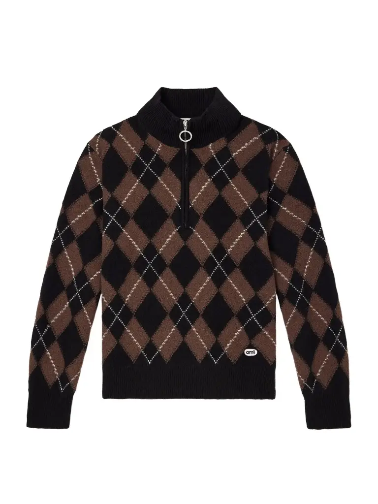 AMI PARIS Logo-Appliquéd Argyle Virgin Wool Half-Zip Sweater - Men
