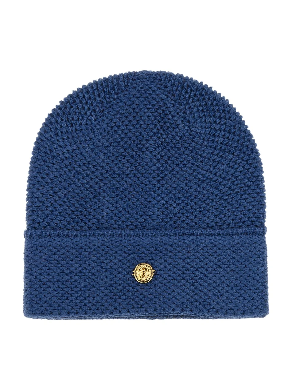 Roberto Cavalli Navy Knit Beanie Hat with Gold Emblem