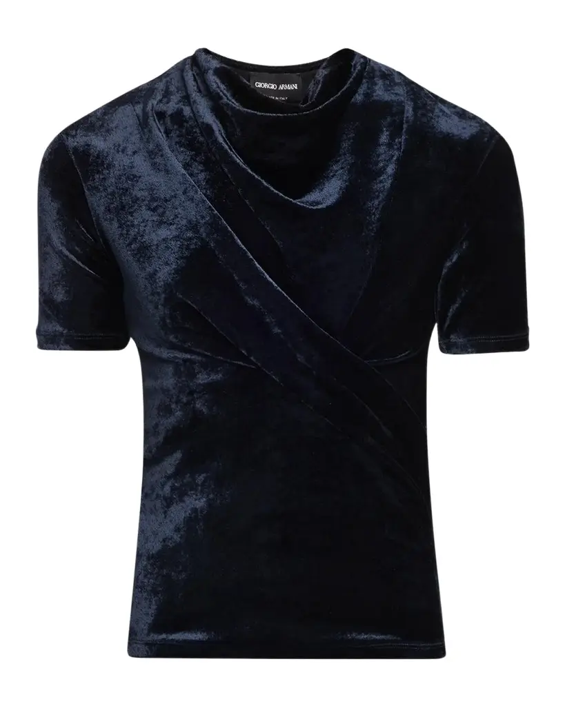 Cowl-Neck Draped Velvet Short-Sleeve Top Cowl-Neck Draped Velvet Short-Sleeve Top