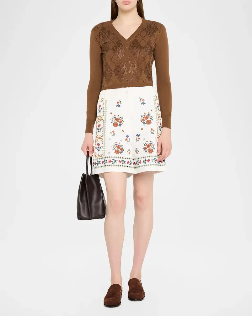 Weekend Max Mara Wide-Leg Embroidered Cotton Twill Shorts | Thumbnail 2