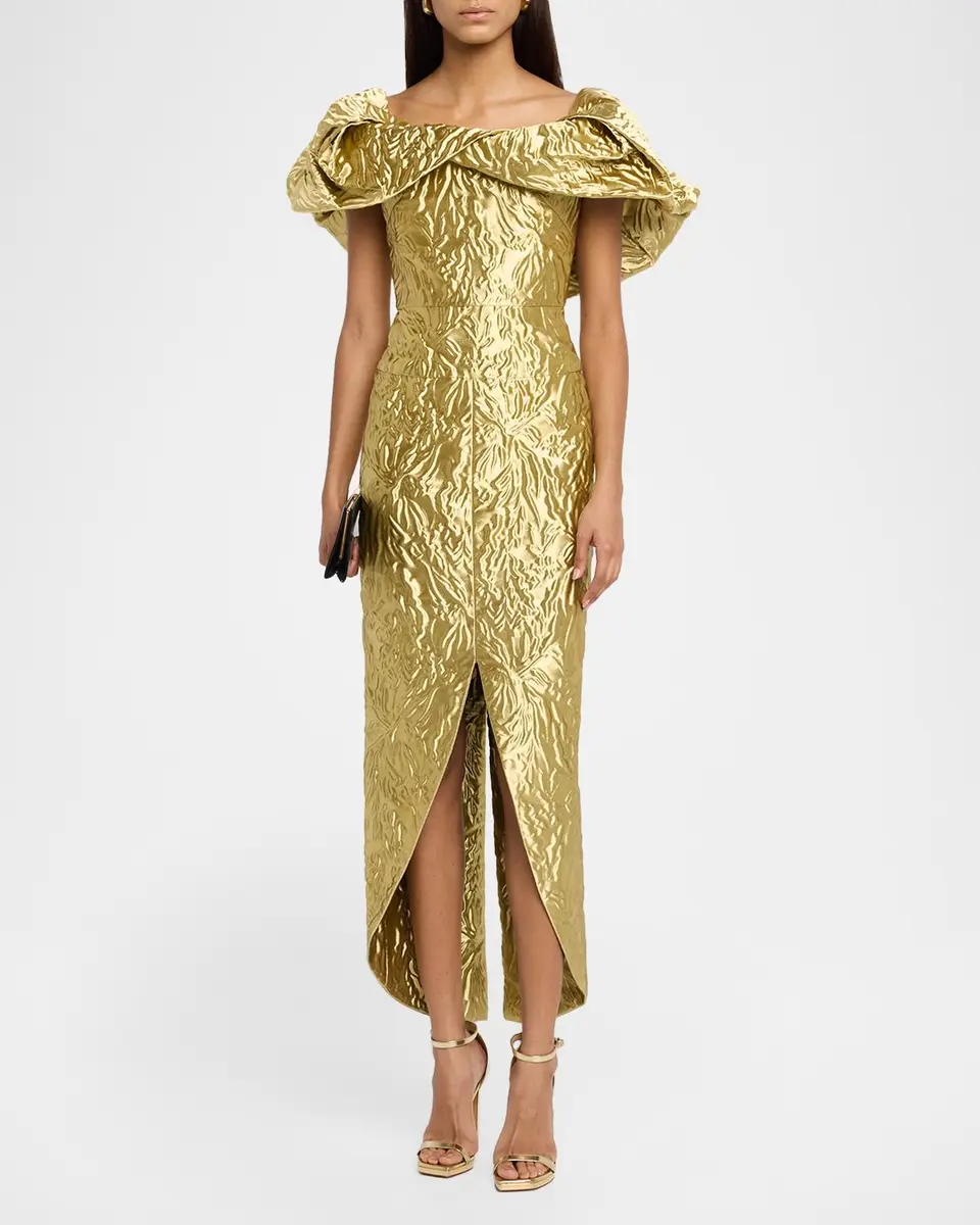 Bibhu Mohapatra Metallic Jacquard Puff-Shoulder High-Low Dress | Thumbnail 2 Bibhu Mohapatra Metallic Jacquard Puff-Shoulder High-Low Dress | Thumbnail 2