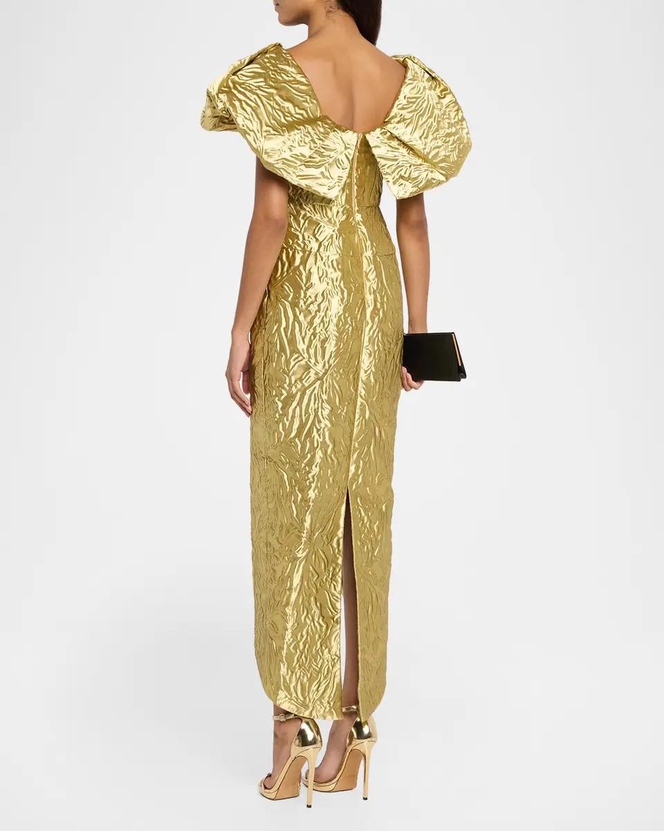 Bibhu Mohapatra Metallic Jacquard Puff-Shoulder High-Low Dress | Thumbnail 3 Bibhu Mohapatra Metallic Jacquard Puff-Shoulder High-Low Dress | Thumbnail 3