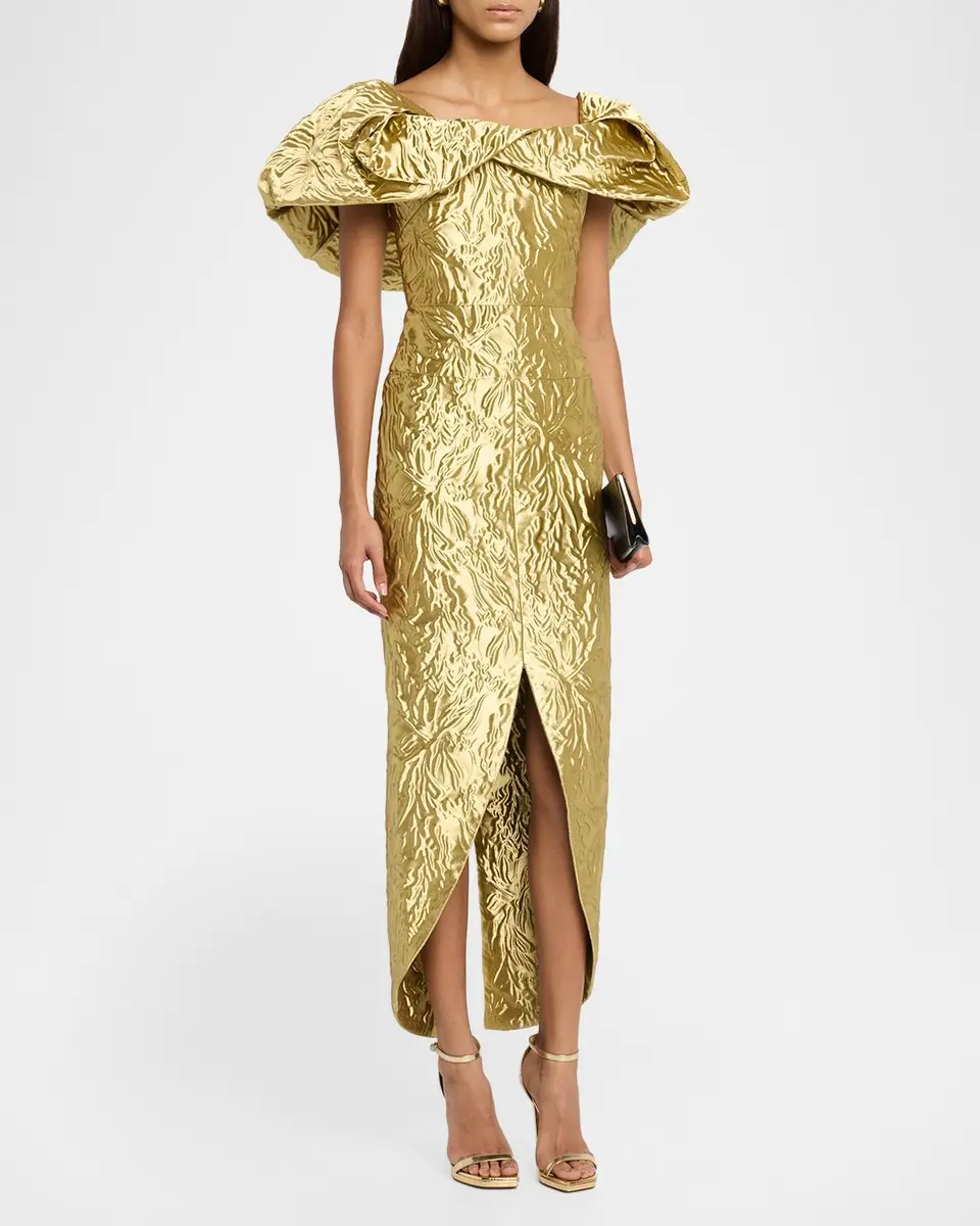 Bibhu Mohapatra Metallic Jacquard Puff-Shoulder High-Low Dress | Thumbnail 4 Bibhu Mohapatra Metallic Jacquard Puff-Shoulder High-Low Dress | Thumbnail 4