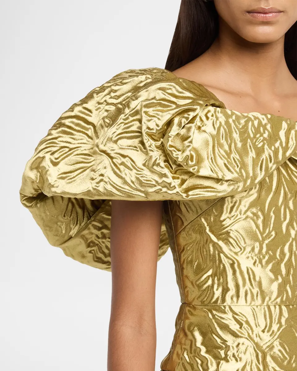 Bibhu Mohapatra Metallic Jacquard Puff-Shoulder High-Low Dress | Thumbnail 5 Bibhu Mohapatra Metallic Jacquard Puff-Shoulder High-Low Dress | Thumbnail 5