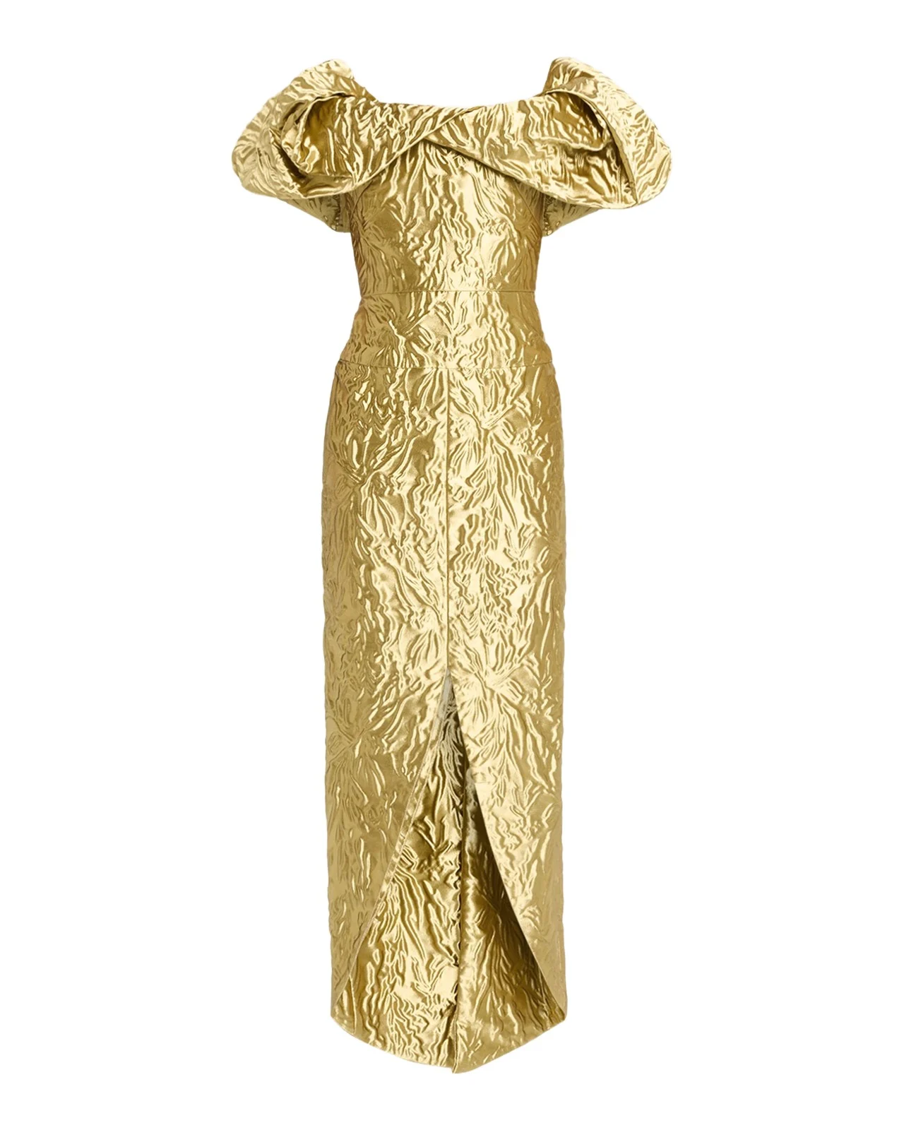 Metallic Jacquard Puff-Shoulder High-Low Dress