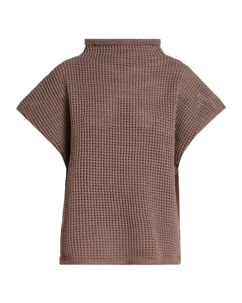Funnel-Neck Dot Open Knit Short-Sleeve Top