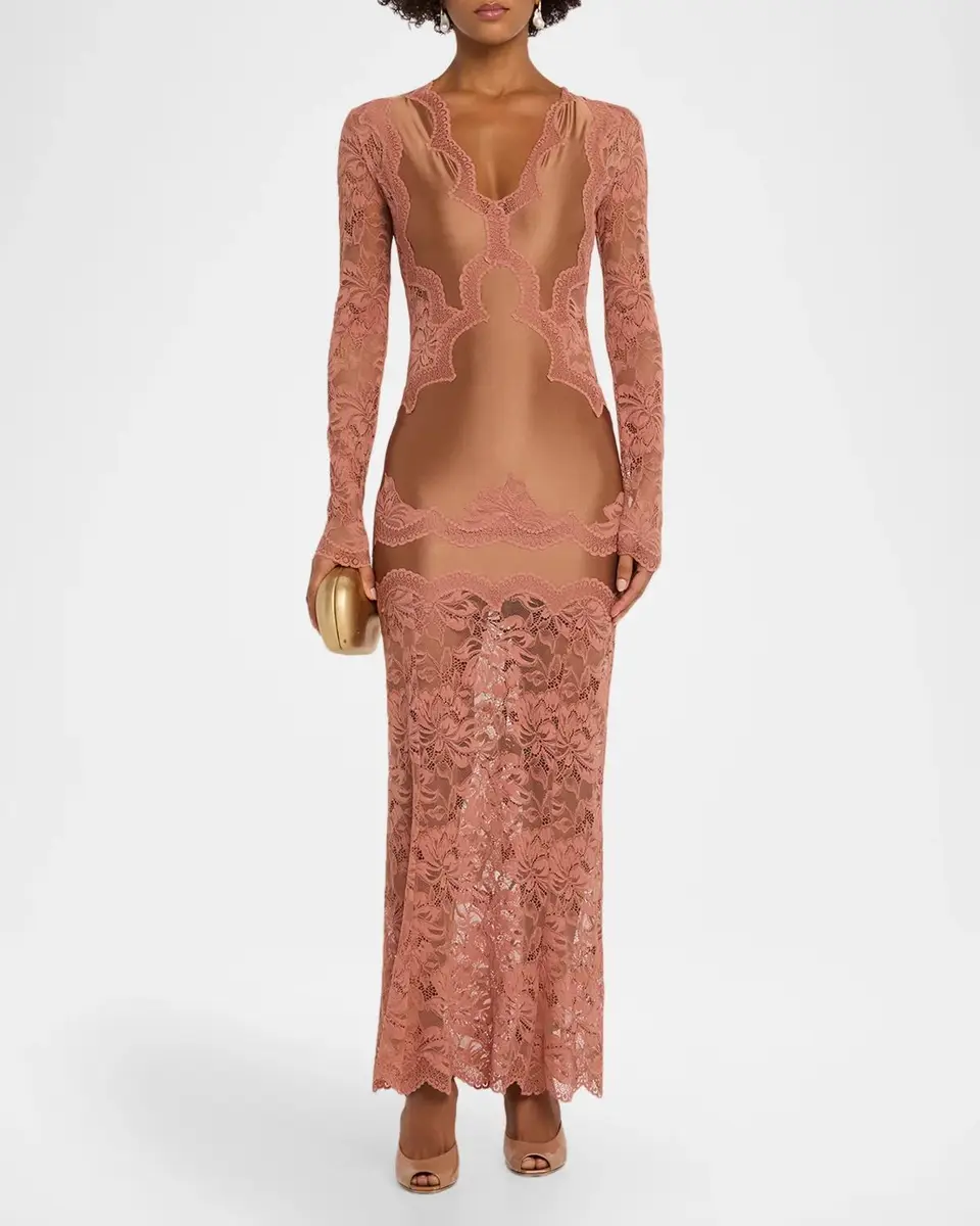 Rabanne Long-Sleeve Stretch Lace Jersey Maxi Dress | Thumbnail 2