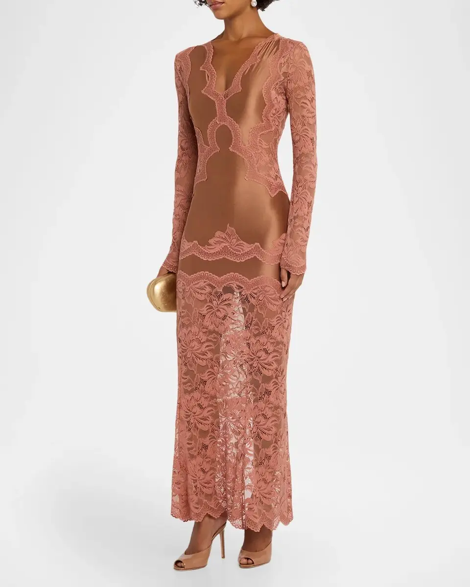 Rabanne Long-Sleeve Stretch Lace Jersey Maxi Dress | Thumbnail 4