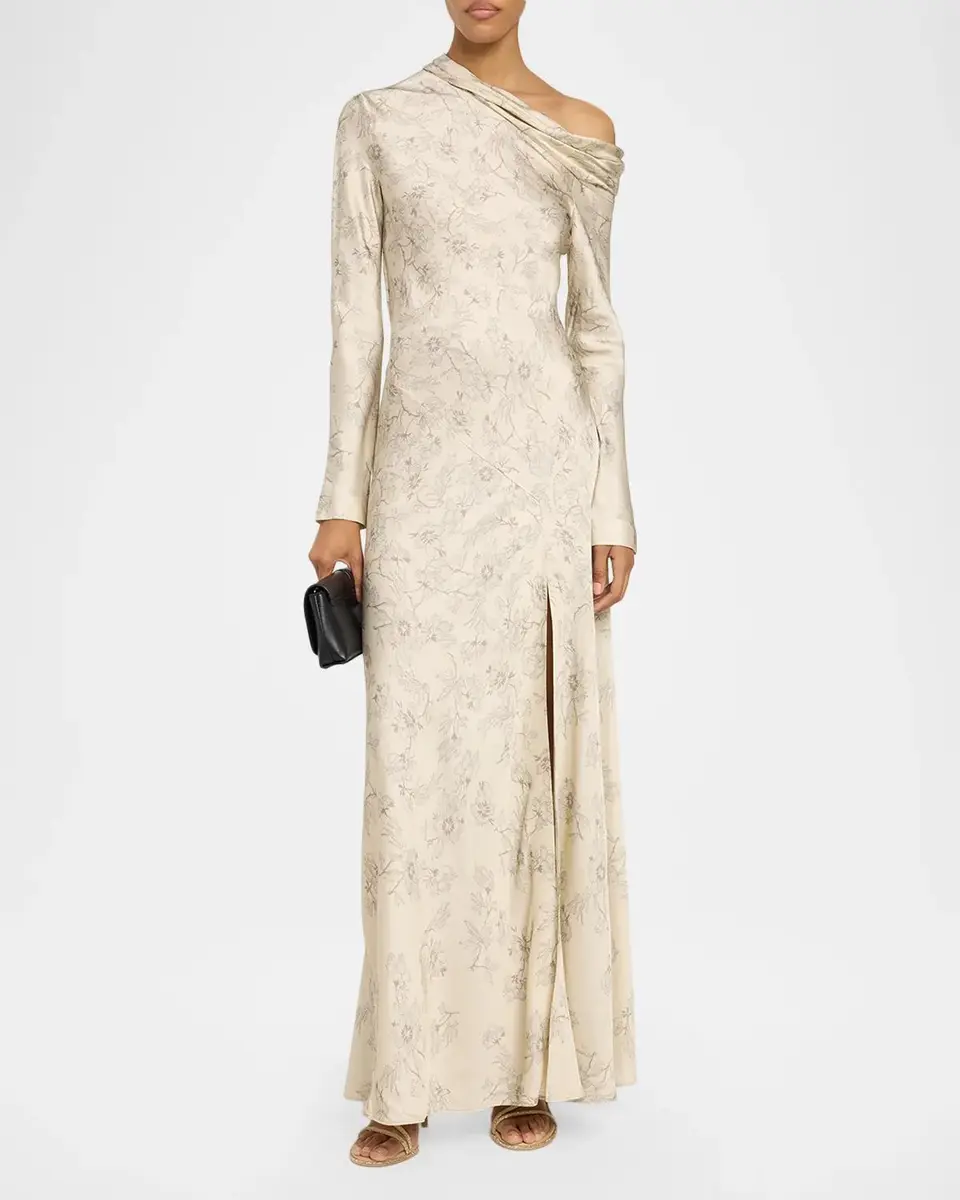 Alberta Ferretti Lace Printed Satin One-Shoulder Gown | Thumbnail 2