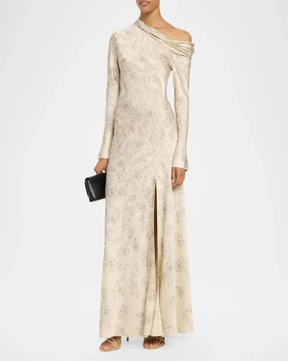 Alberta Ferretti Lace Printed Satin One-Shoulder Gown | Thumbnail 4