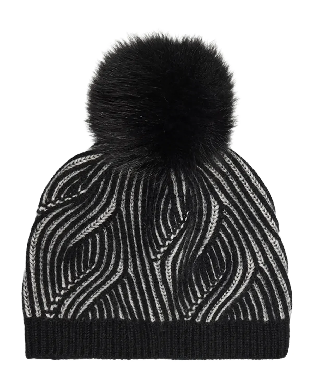 Sofia Cashmere Wave Rib Beanie with Faux Fur Pom-Pom