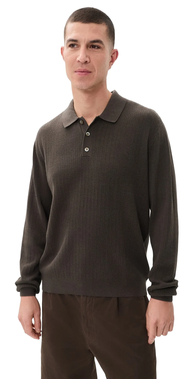 Textured Stitch Long Sleeve Polo