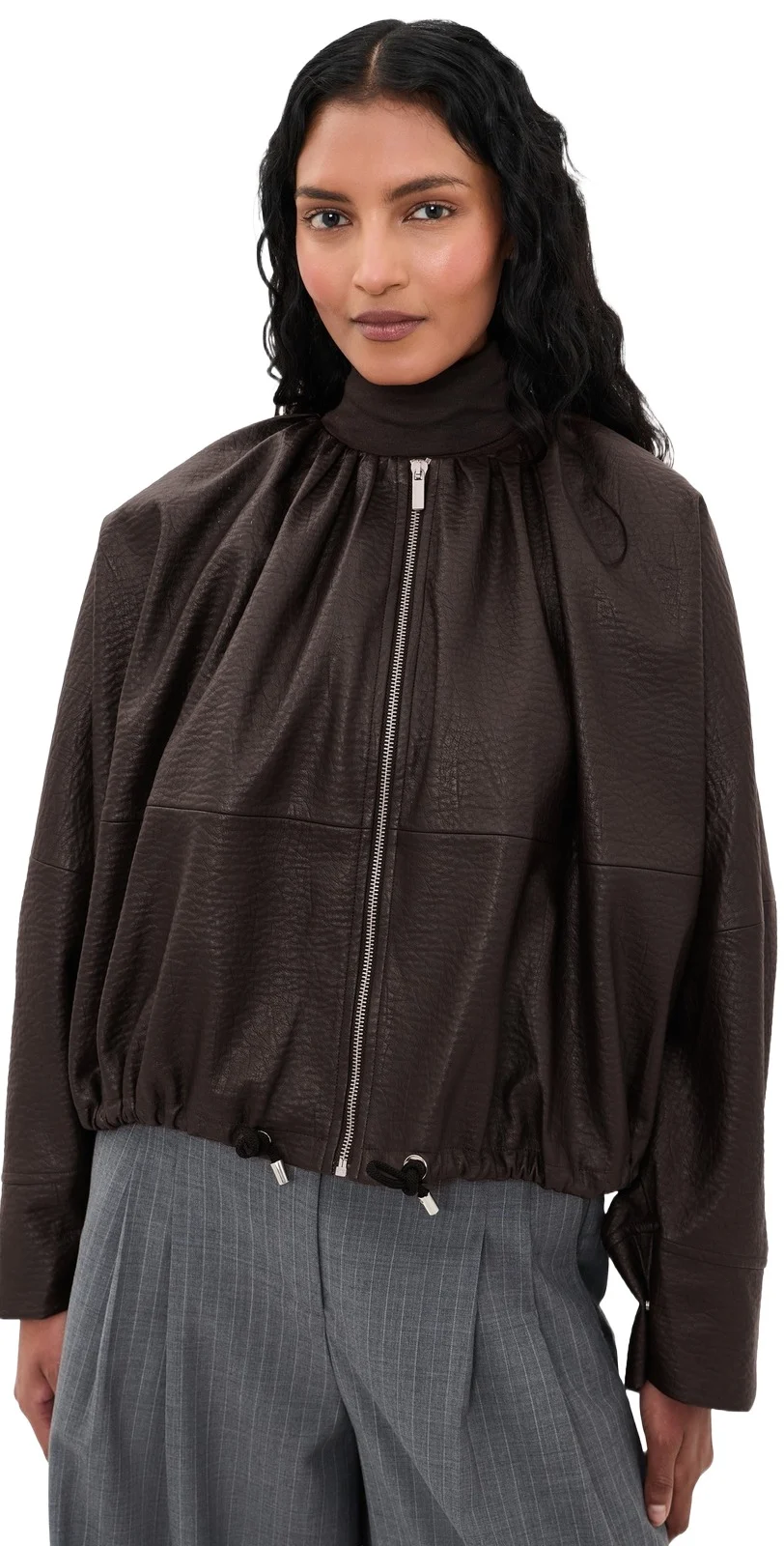 Blouson Cinched Bubble Faux Leather Jacket