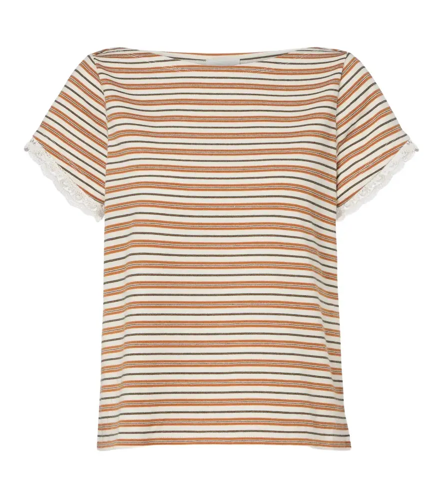 Maeve lace-trimmed striped cotton T-shirt