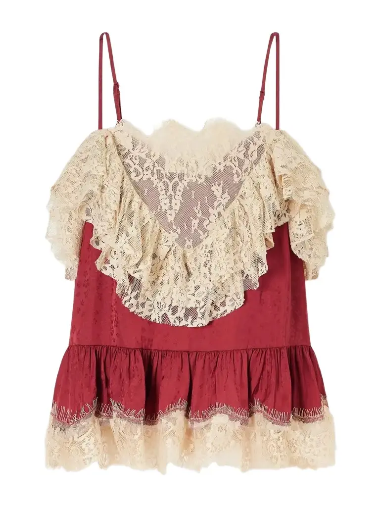 Ethel Ruffled Lace-trimmed Floral-jacquard Satin Cami Ethel Ruffled Lace-trimmed Floral-jacquard Satin Cami