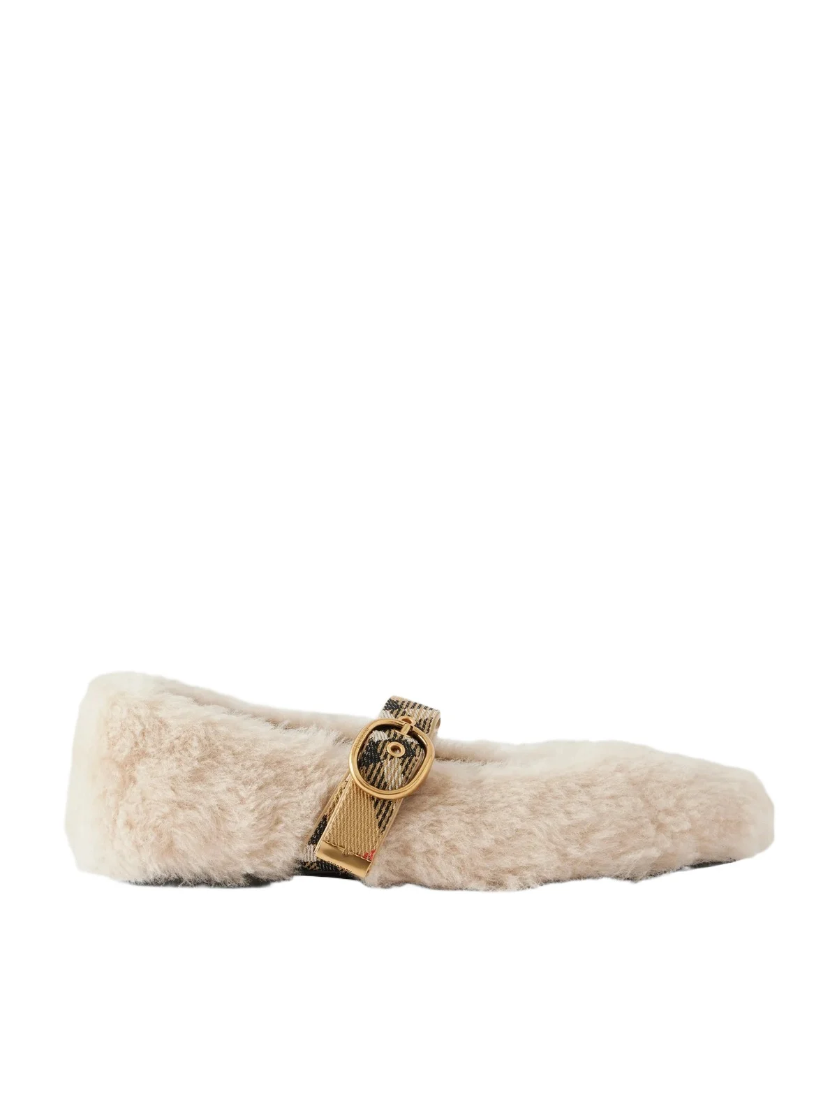 Burberry Buckle-detailed Check-trimmed Shearling Ballet Flats
