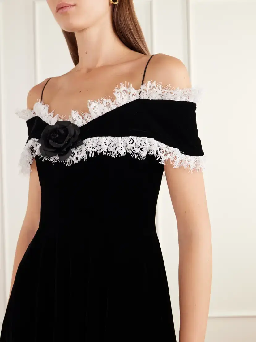 Rodarte Off-the-shoulder Lace-trimmed Velvet Midi Dress | Thumbnail 2 Rodarte Off-the-shoulder Lace-trimmed Velvet Midi Dress | Thumbnail 2