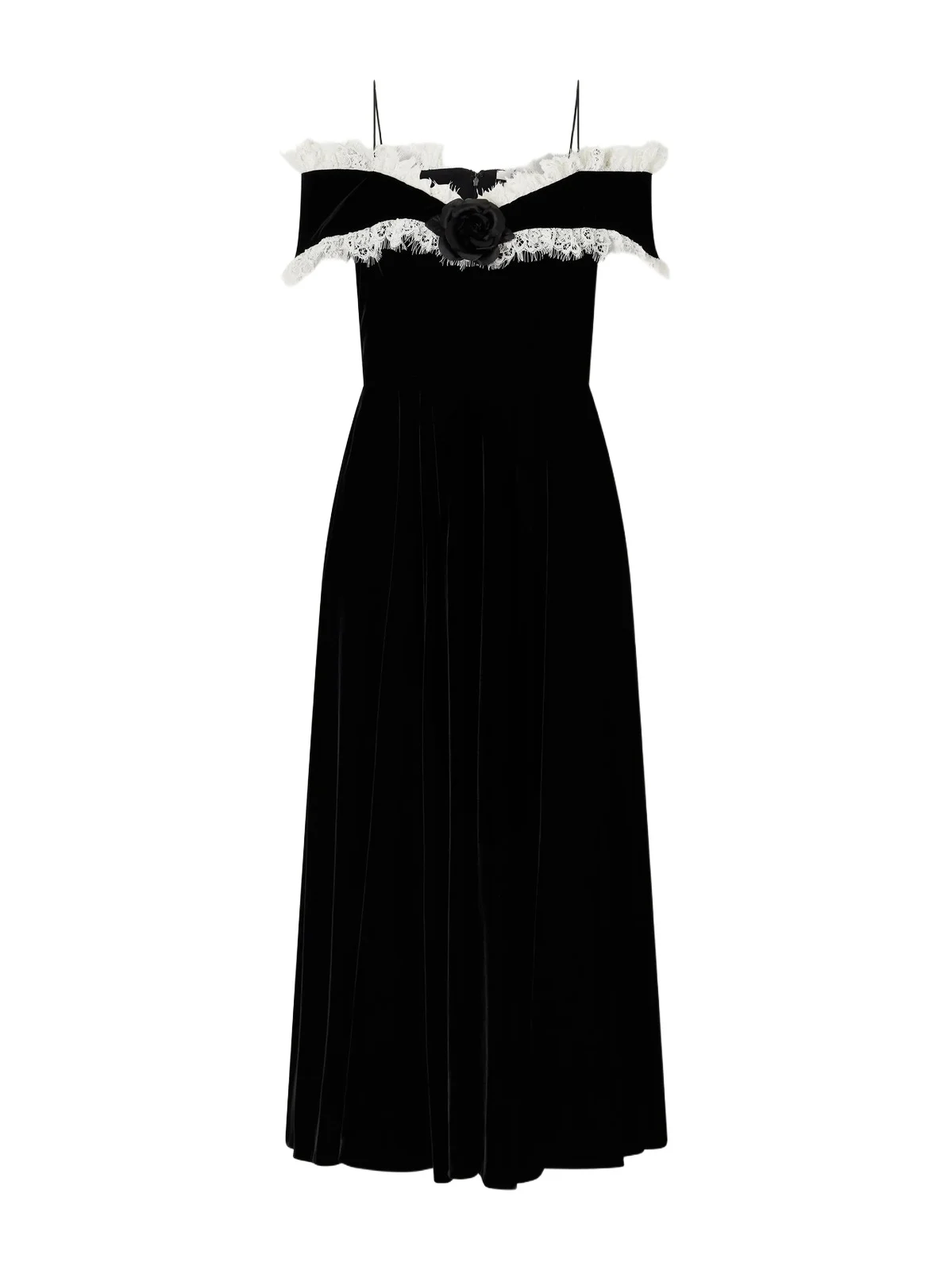 Off-the-shoulder Lace-trimmed Velvet Midi Dress