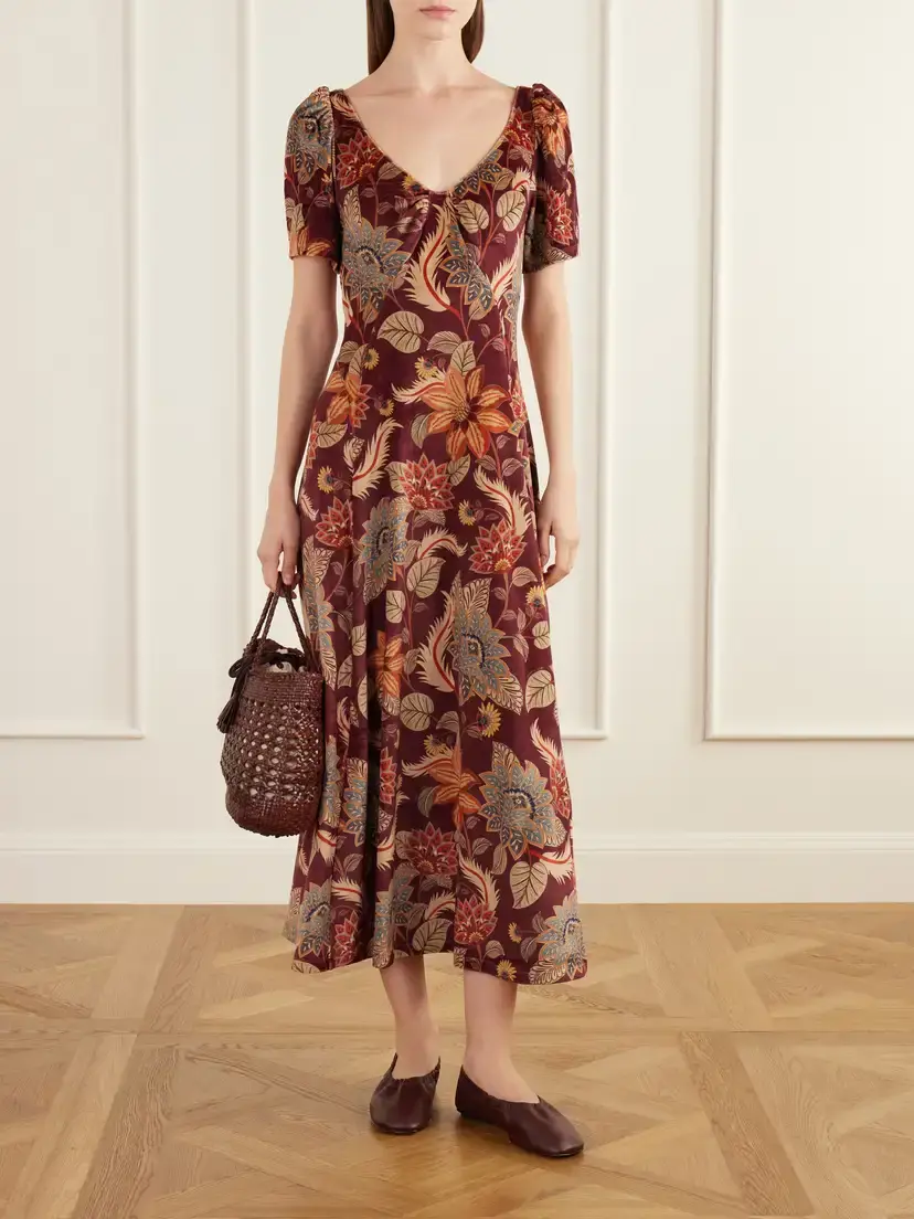 Farm Rio Delhi Paneled Open-back Printed Velvet Midi Dress | Thumbnail 2 Farm Rio Delhi Paneled Open-back Printed Velvet Midi Dress | Thumbnail 2