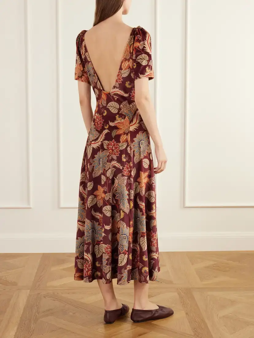 Farm Rio Delhi Paneled Open-back Printed Velvet Midi Dress | Thumbnail 3 Farm Rio Delhi Paneled Open-back Printed Velvet Midi Dress | Thumbnail 3