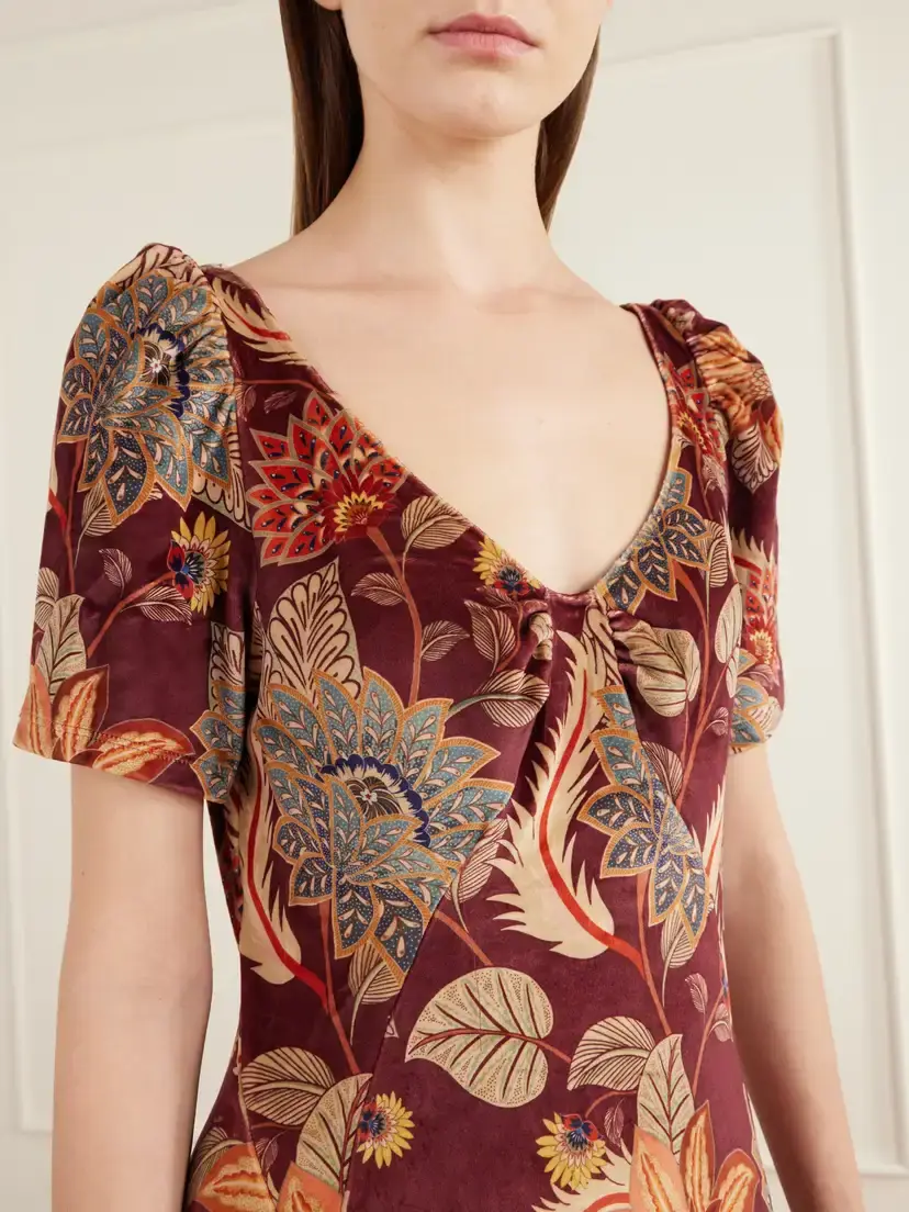 Farm Rio Delhi Paneled Open-back Printed Velvet Midi Dress | Thumbnail 4 Farm Rio Delhi Paneled Open-back Printed Velvet Midi Dress | Thumbnail 4