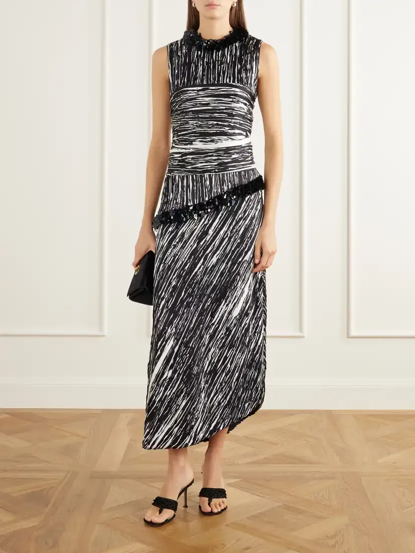 Brandon Maxwell Fiora Sequin-embellished Pleated Printed Satin-jacquard Midi Dress | Thumbnail 2 Brandon Maxwell Fiora Sequin-embellished Pleated Printed Satin-jacquard Midi Dress | Thumbnail 2