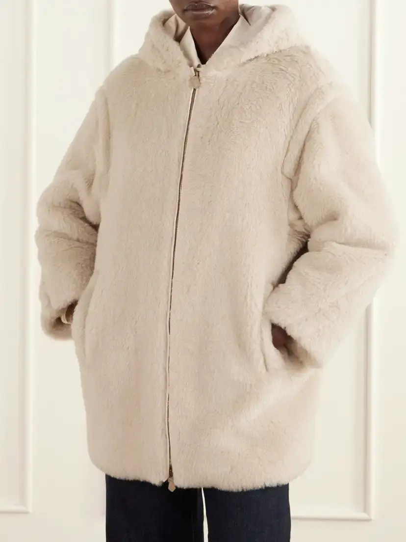 Max Mara Spadino Teddy Hooded Alpaca, Wool And Silk-blend Coat - Neutrals | Thumbnail 3