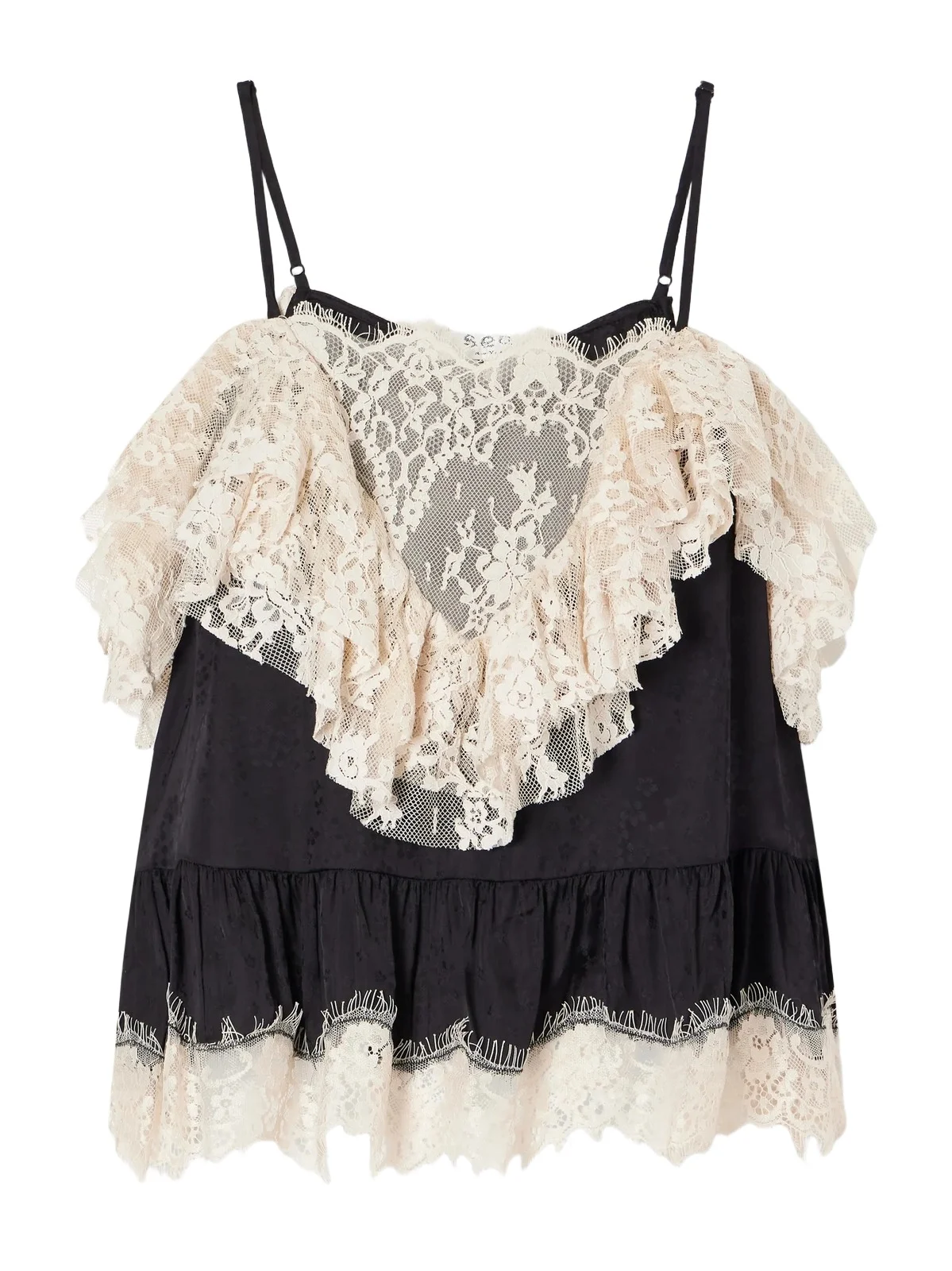 Sea Ethel Ruffled Lace-trimmed Floral-jacquard Satin Cami