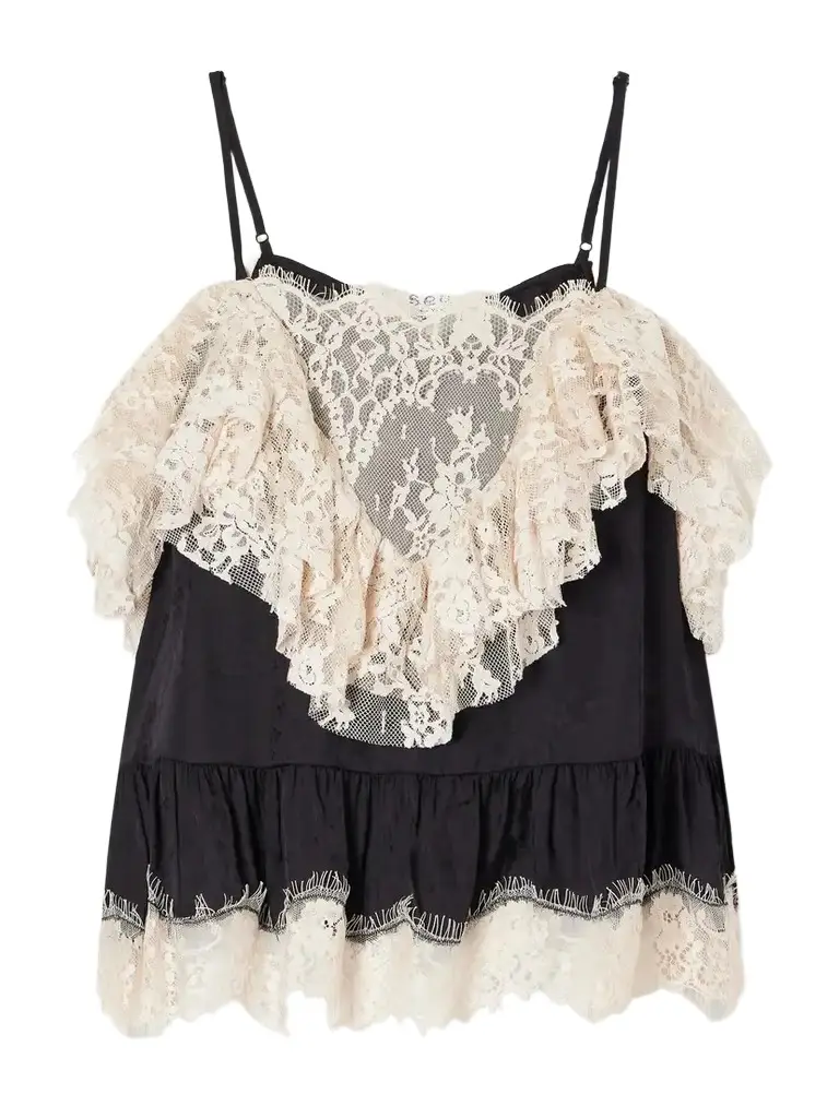 Ethel Ruffled Lace-trimmed Floral-jacquard Satin Cami Ethel Ruffled Lace-trimmed Floral-jacquard Satin Cami