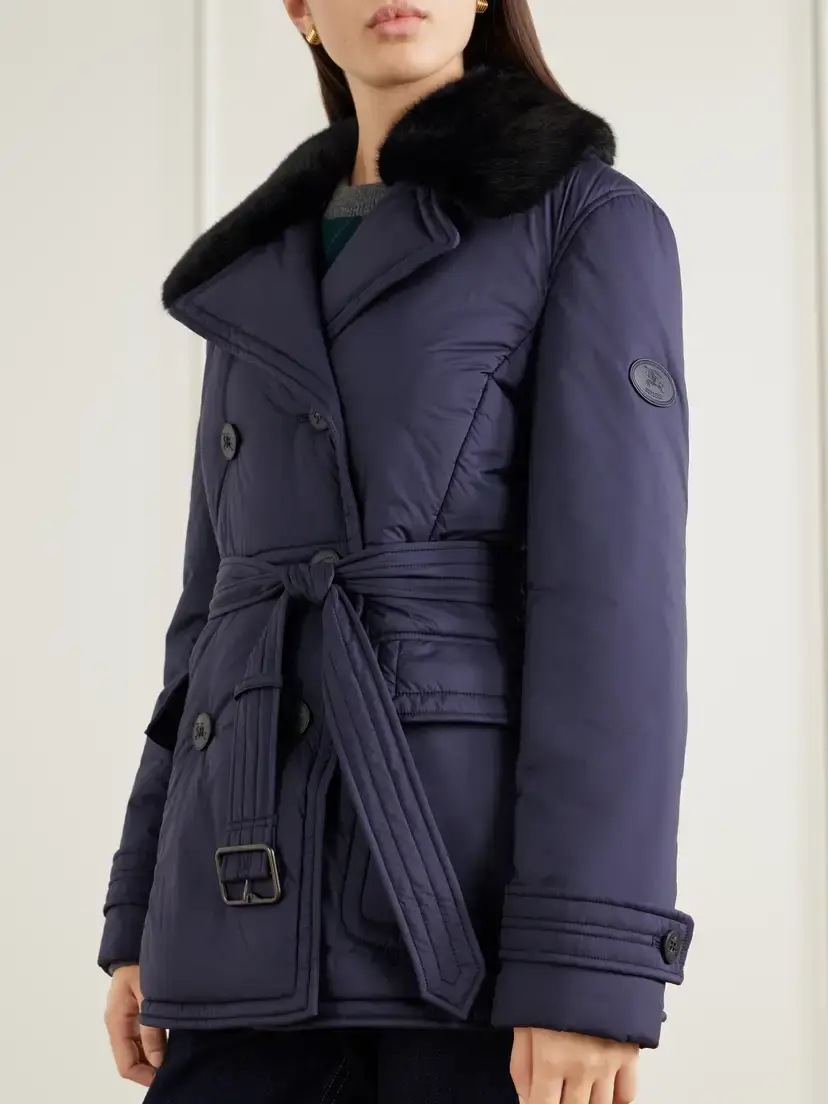 Burberry Double-breasted Belted Padded Plush-trimmed Shell Jacket | Thumbnail 4